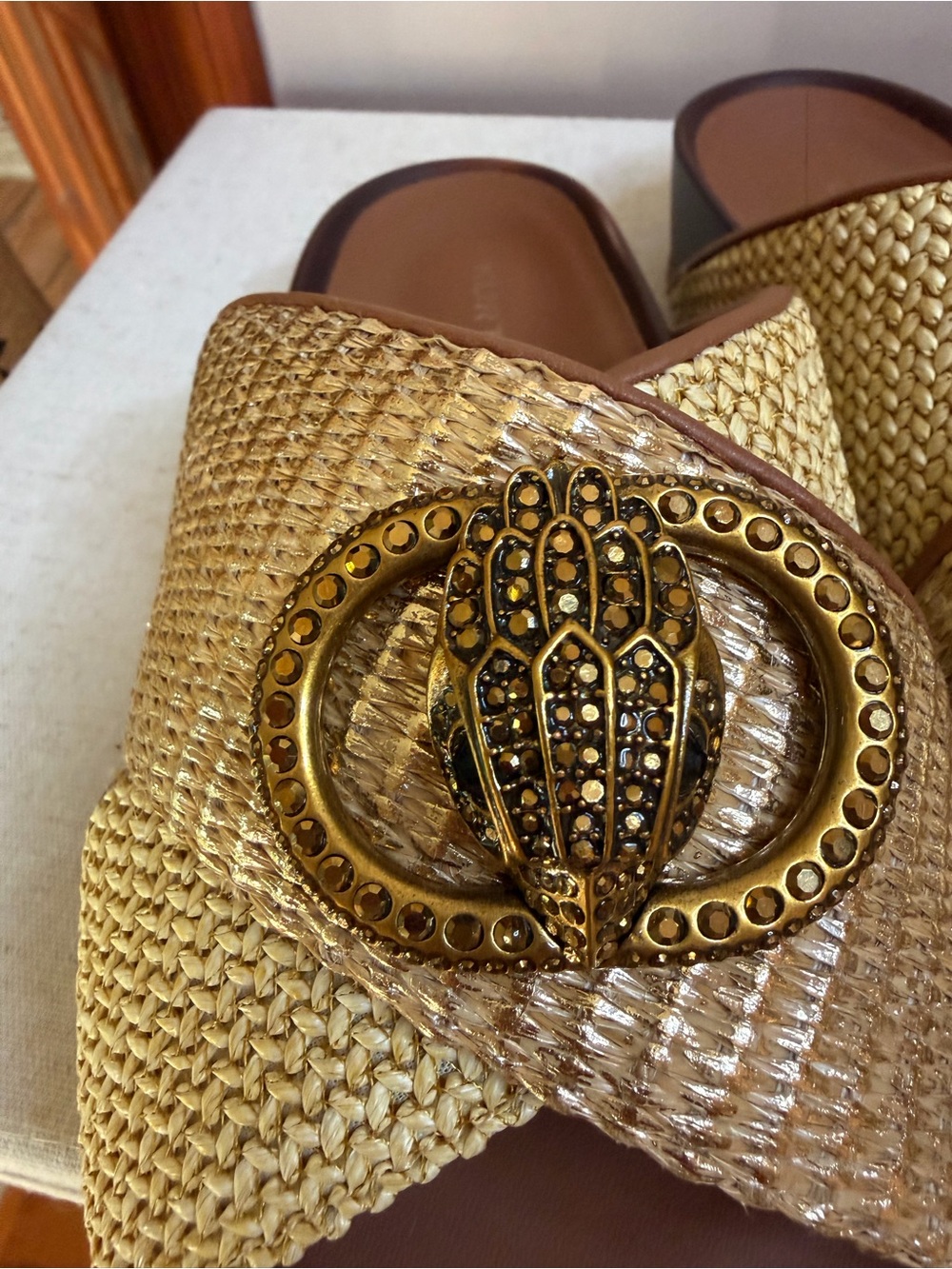 Kurt Geiger Gold Woven Slide Sandals with Decorative Medallion - Picture 8 of 8
